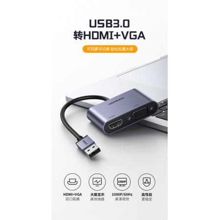 綠聯(lián) USB3.0轉(zhuǎn)HDMI+VGA轉(zhuǎn)換器筆記本外置顯卡電腦連接電視投影儀高清視頻同屏擴(kuò)展轉(zhuǎn)接頭線 【USB轉(zhuǎn)HDMI+VGA】20518