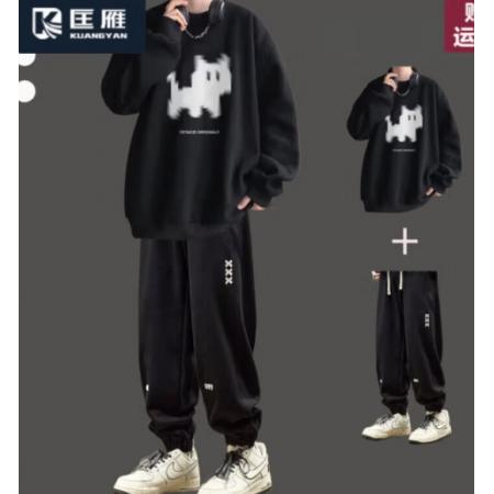 匡雁休閑套裝男秋冬季運(yùn)動(dòng)搭配寬松加絨衛(wèi)衣衛(wèi)褲潮流美式穿搭一整套 【常規(guī)款】黑色+黑色休閑褲 M