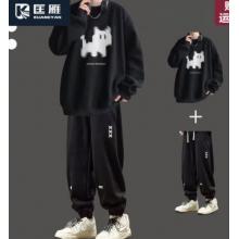 匡雁休閑套裝男秋冬季運(yùn)動(dòng)搭配寬松加絨衛(wèi)衣衛(wèi)褲潮流美式穿搭一整套 【常規(guī)款】黑色+黑色休閑褲 M