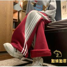 安踏 加絨加厚運動衛(wèi)褲女秋冬季學(xué)生條紋休閑褲子小個子寬松直筒闊腿褲 紅色加絨 M