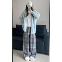 安踏 棉致加絨加厚毛呢格子褲子女秋季新款寬松闊腿高腰運動休閑衛(wèi)褲 687藍(lán)色【加絨高品質(zhì)】 L 100-120斤